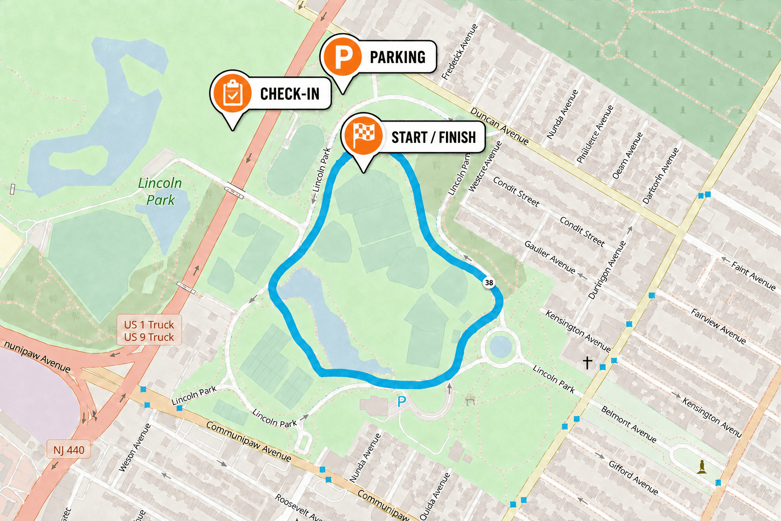Coach Arena 5K course map showing the loop, parking, check-in, and start and finish locations in Lincoln Park